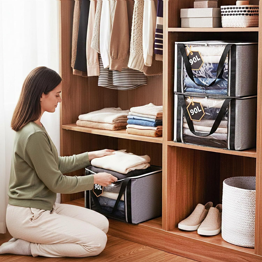 Foldable storage bags stacked in wardrobe for seasonal clothes