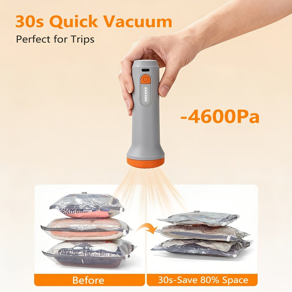 Rechargeable wireless pump compressing a travel vacuum bag in seconds