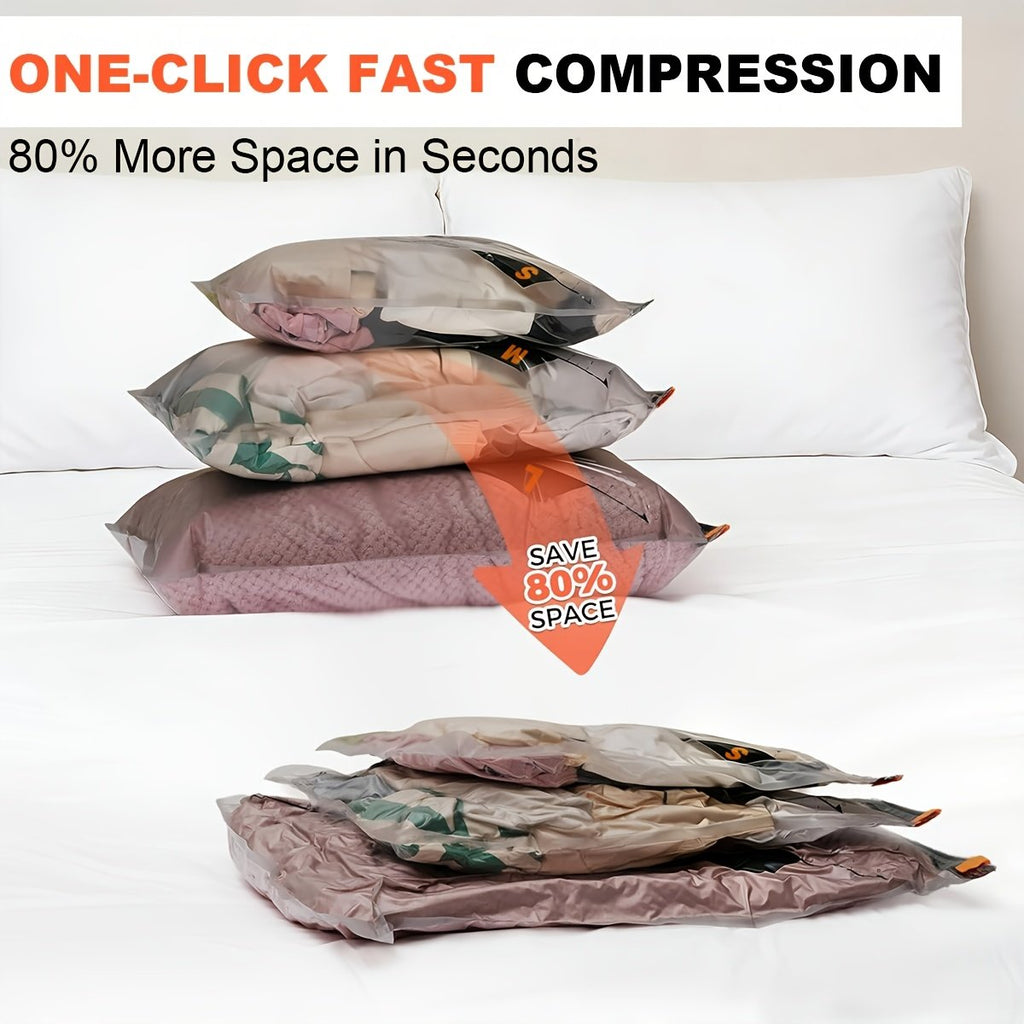 Wireless USB pump compressing grey vacuum storage bag filled with clothes
