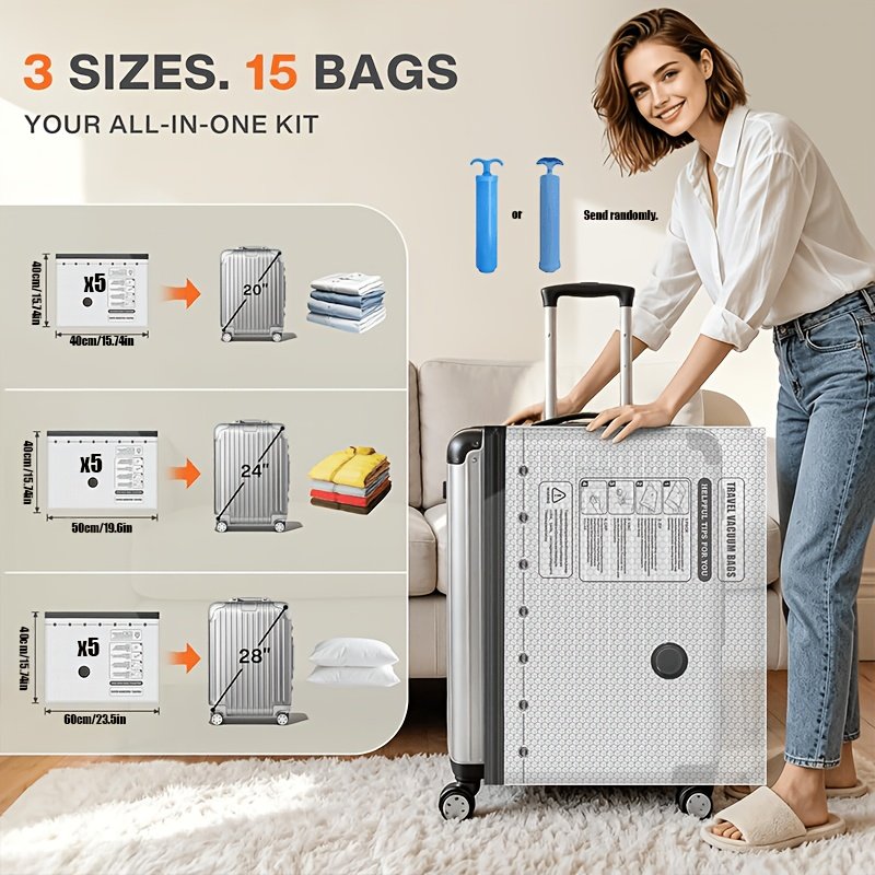 Hand pump compressing clothes in travel vacuum bag to save luggage space