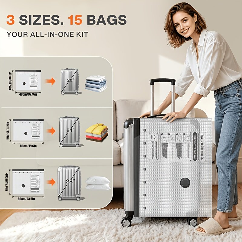 Compressed clothing packed flat in organised suitcase with vacuum bags