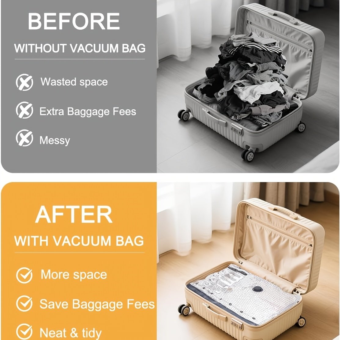 Roll-up luggage organiser vacuum bags for holiday and travel storage