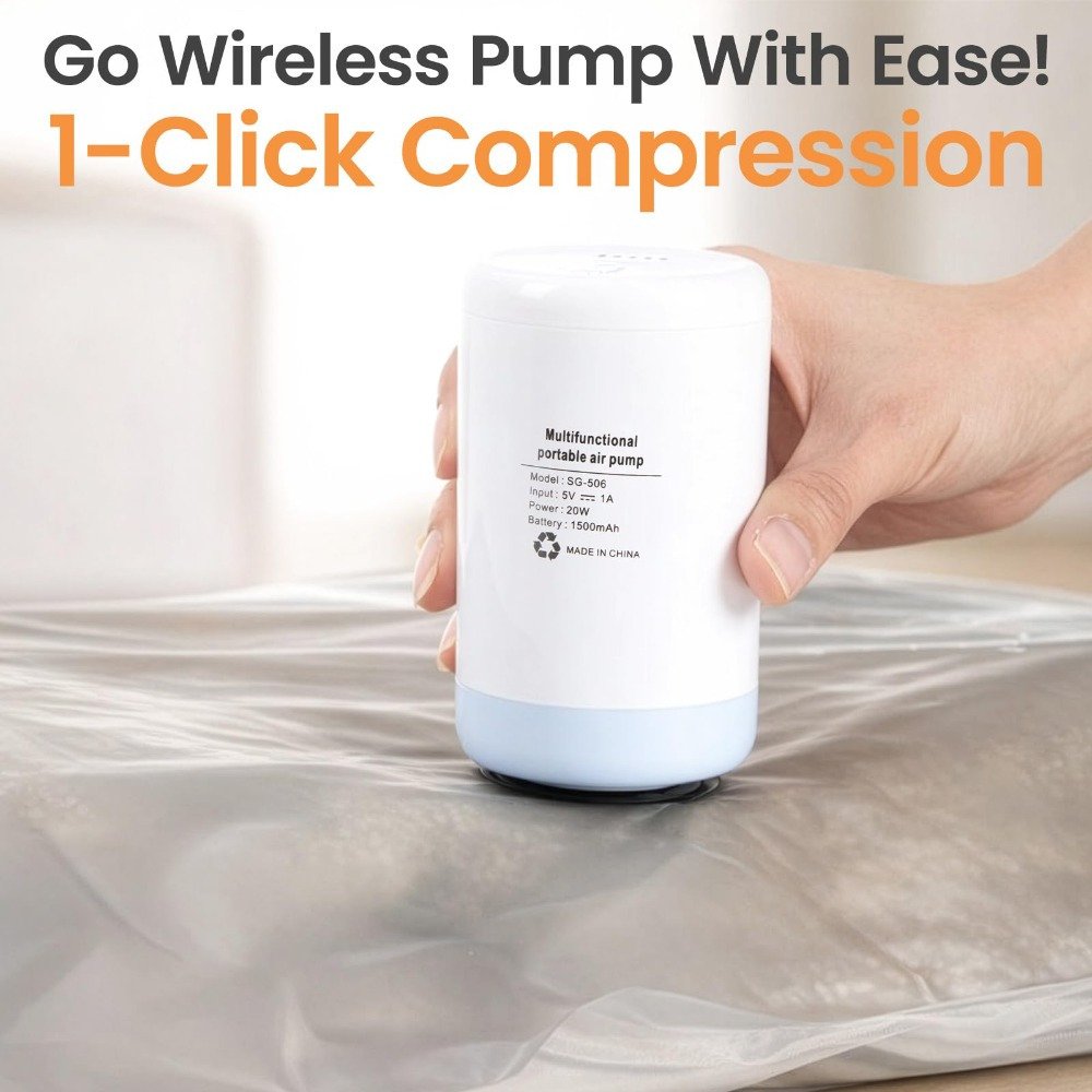 Vacuum storage bag compressing a duvet and bedding
