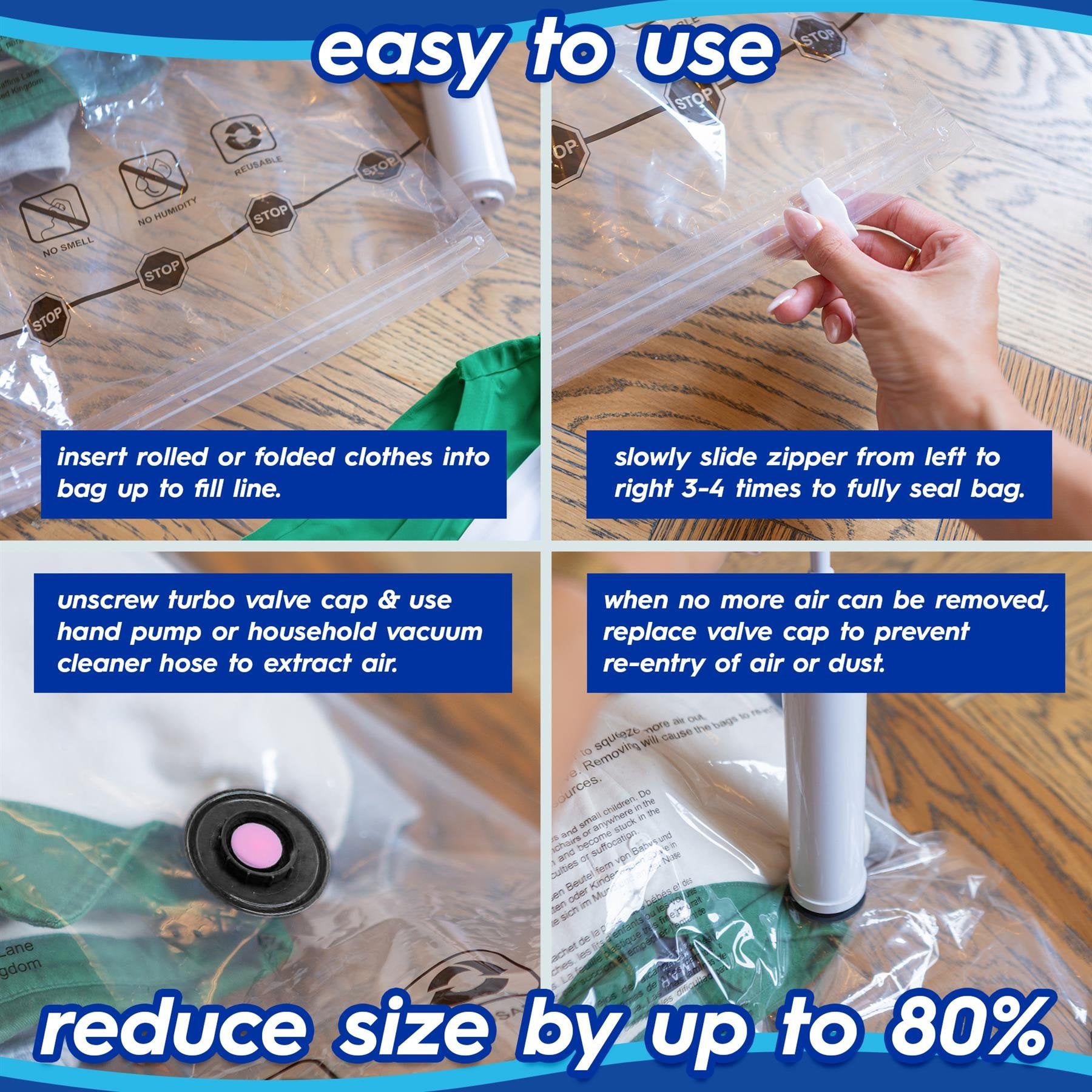 Hand pump removing air from heavy duty plastic vacuum storage bag