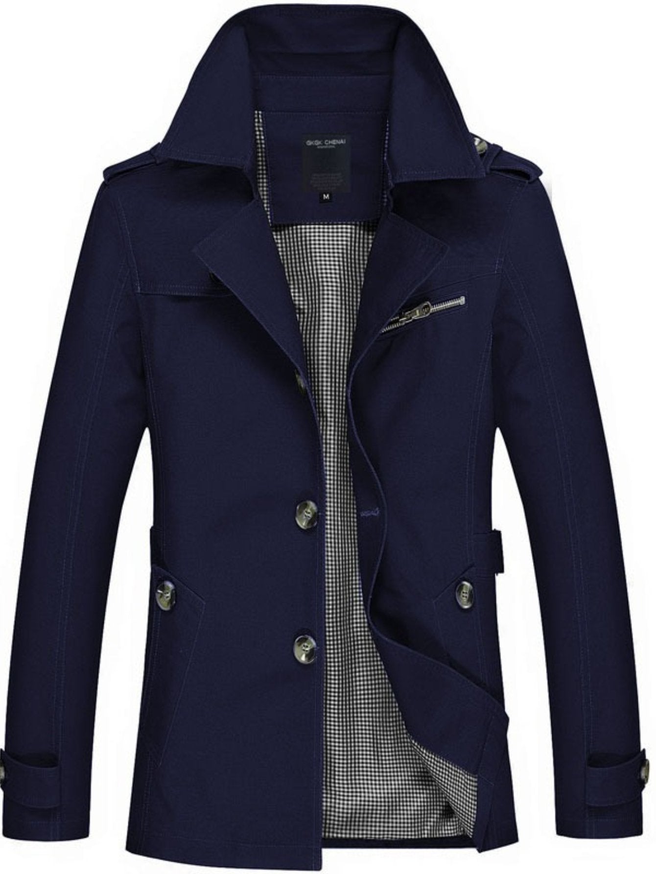 Adjustable cuff detail on the men's mid-length lapel trench coat