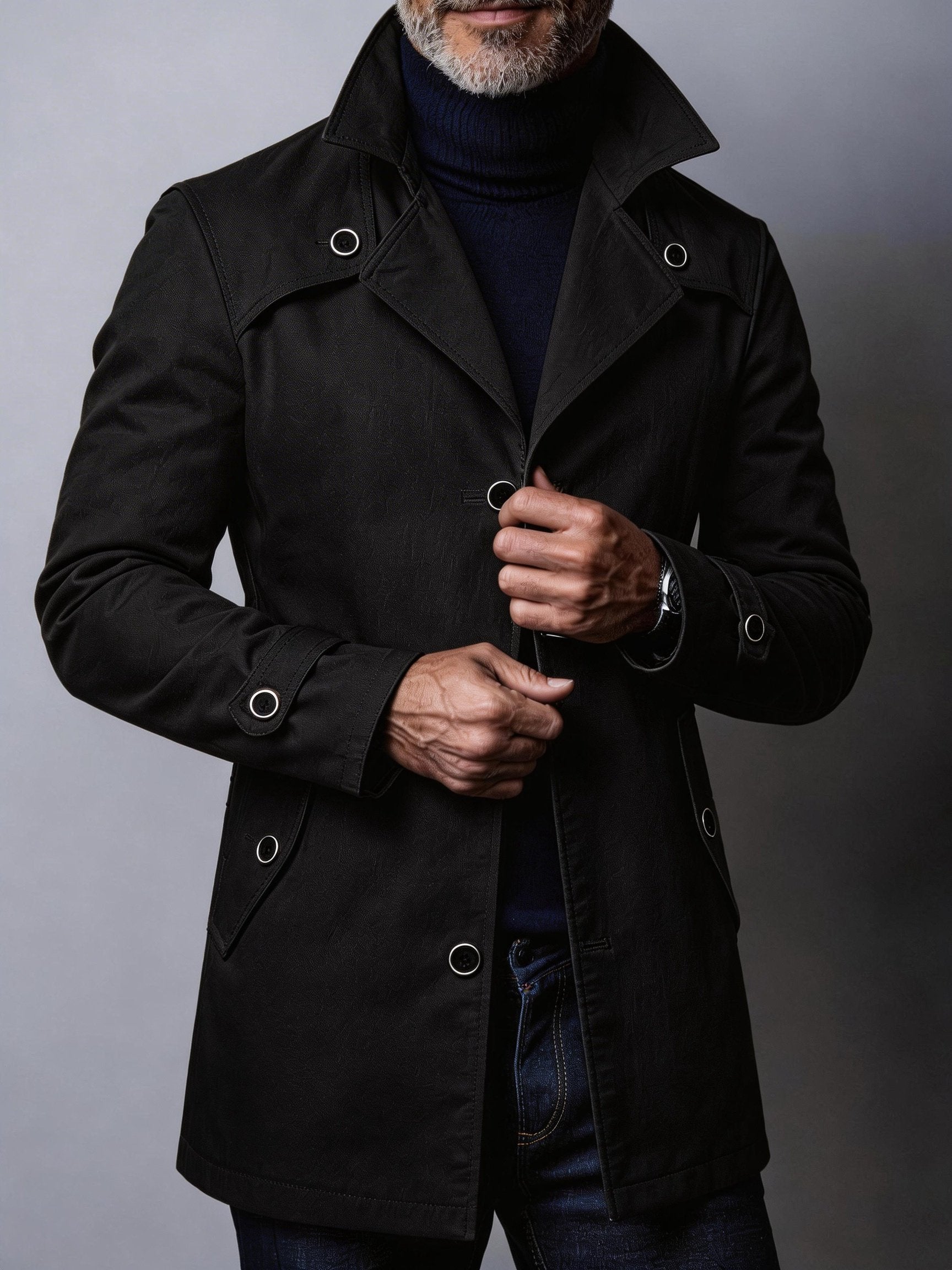 Detail of the polyester lining inside the men's smart trench coat