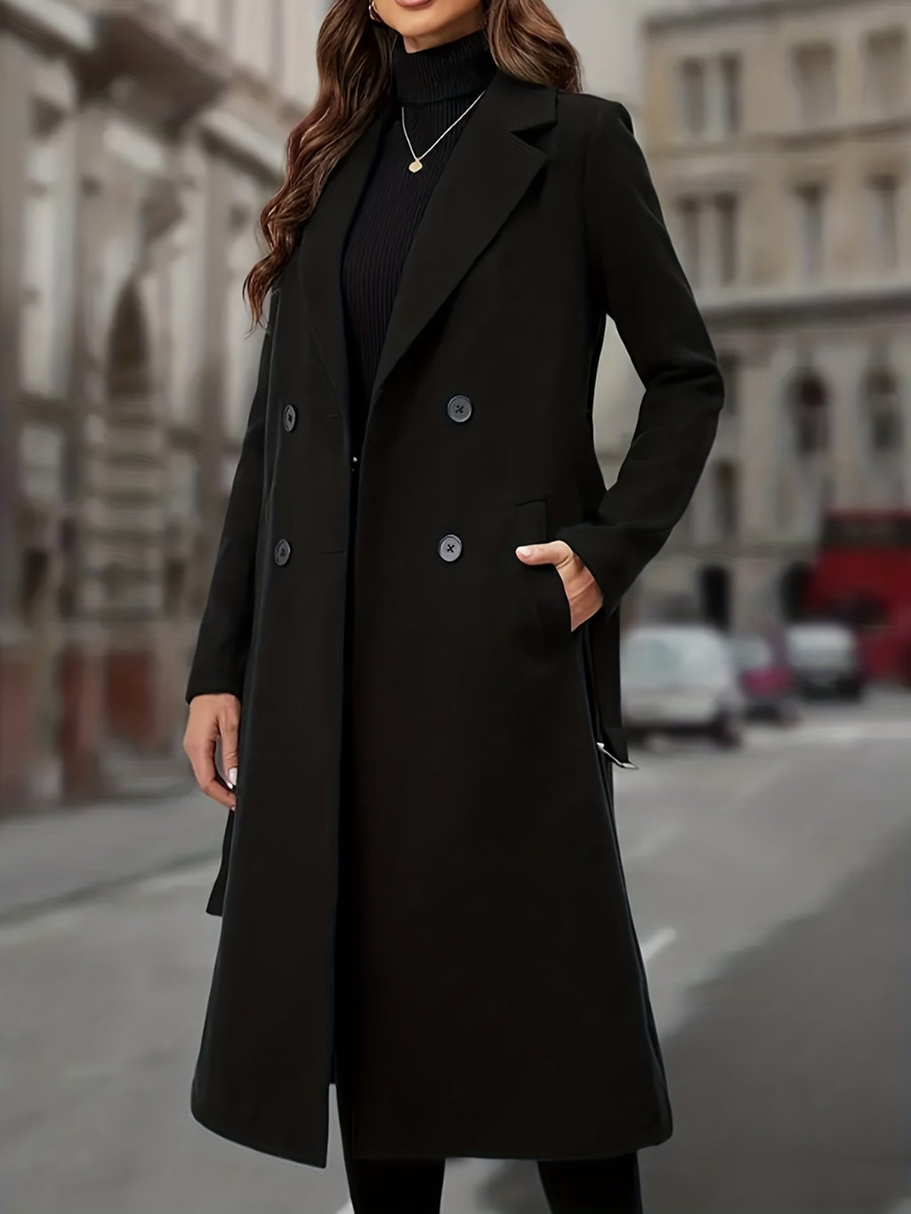 Fabric close-up of the woven polyester shell on the women's elegant trench coat