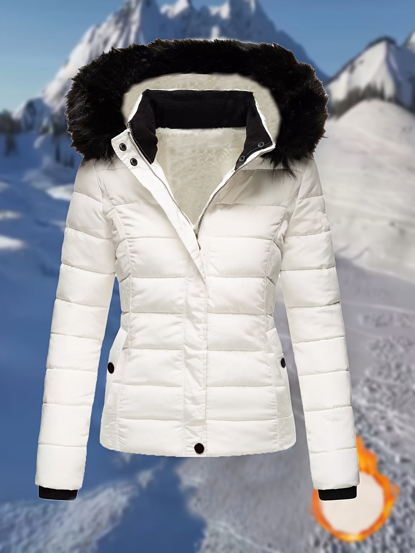 Hood detail on the women's short quilted coat