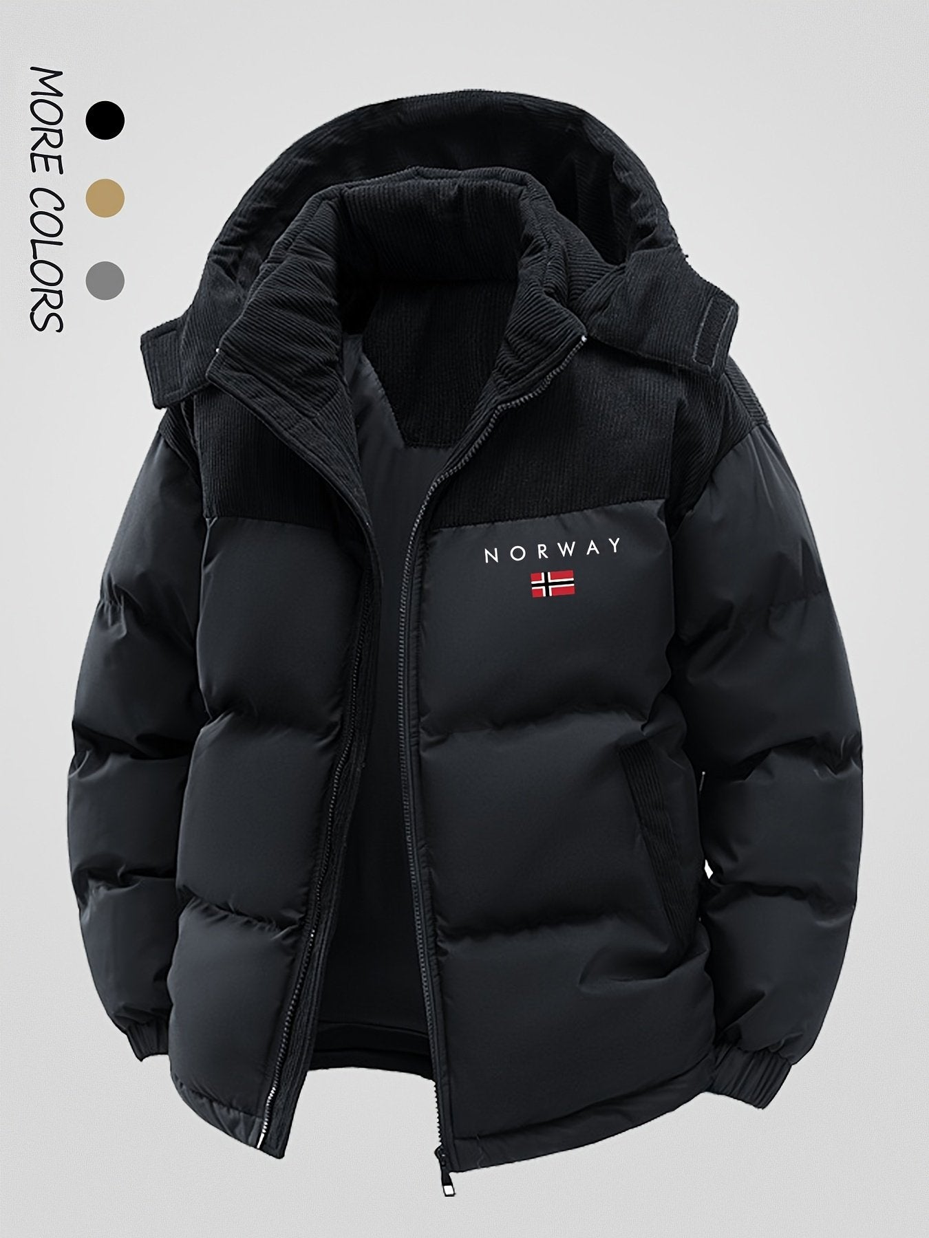 Men's spliced winter coat colour variant 1 hooded panel design