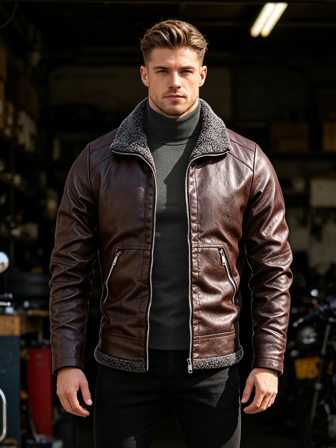 Back view of the men's coffee brown winter biker jacket