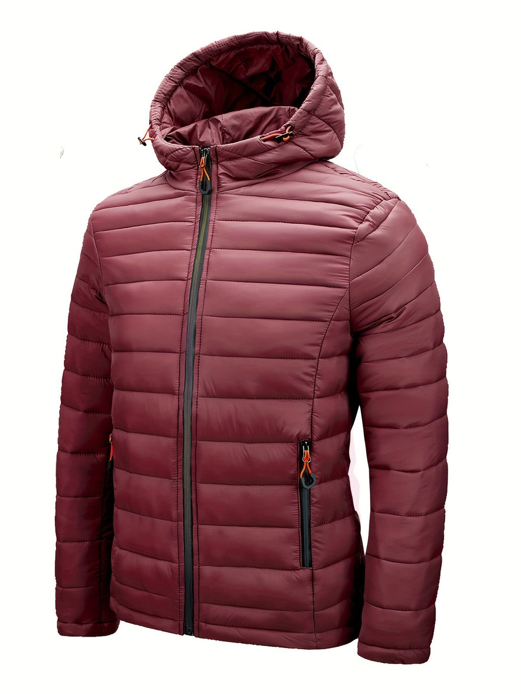 Deep red hooded quilted padded jacket for men, winter outerwear
