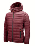 Deep red hooded quilted padded jacket for men, winter outerwear