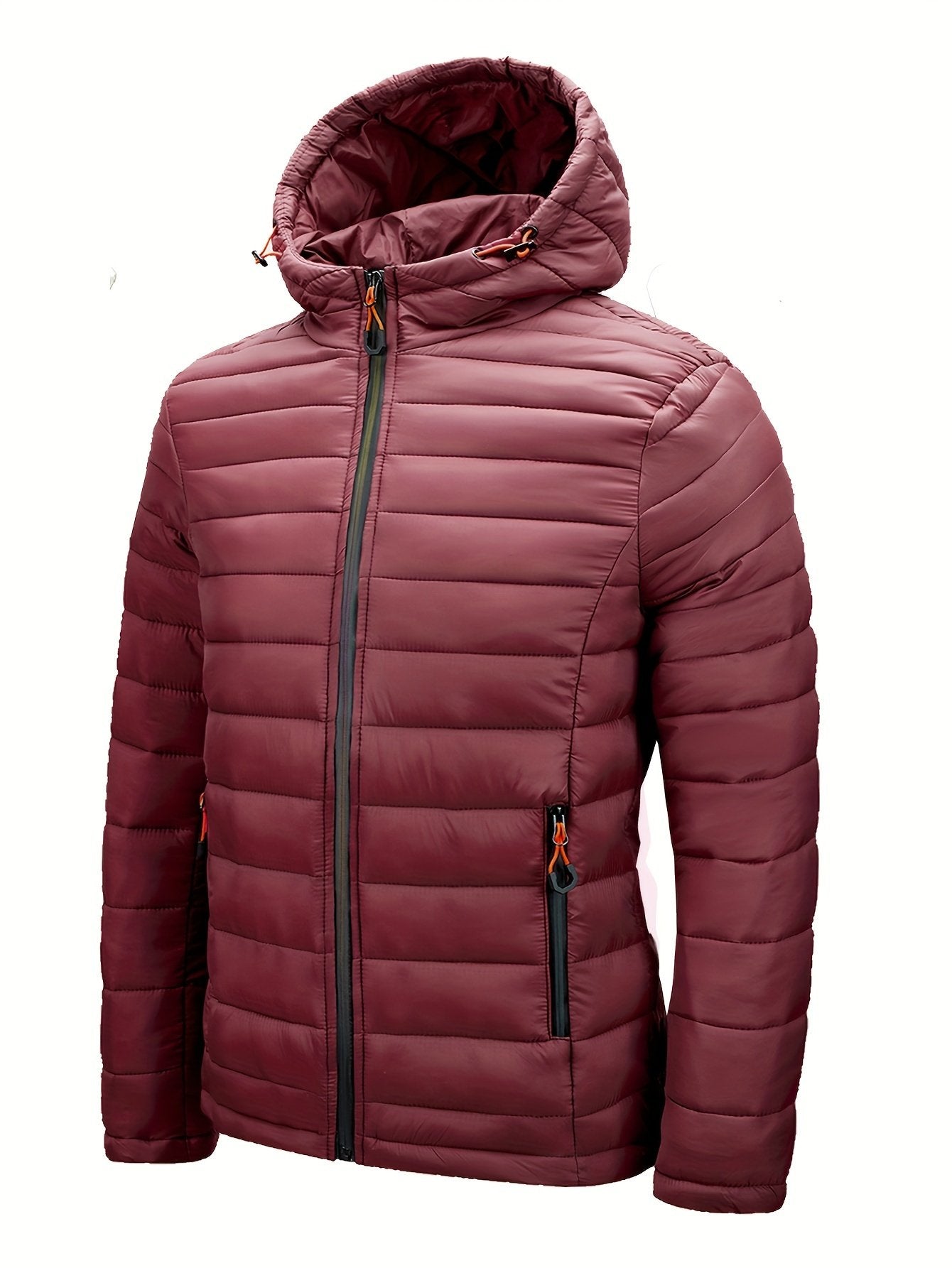 Deep red hooded quilted padded jacket for men, winter outerwear