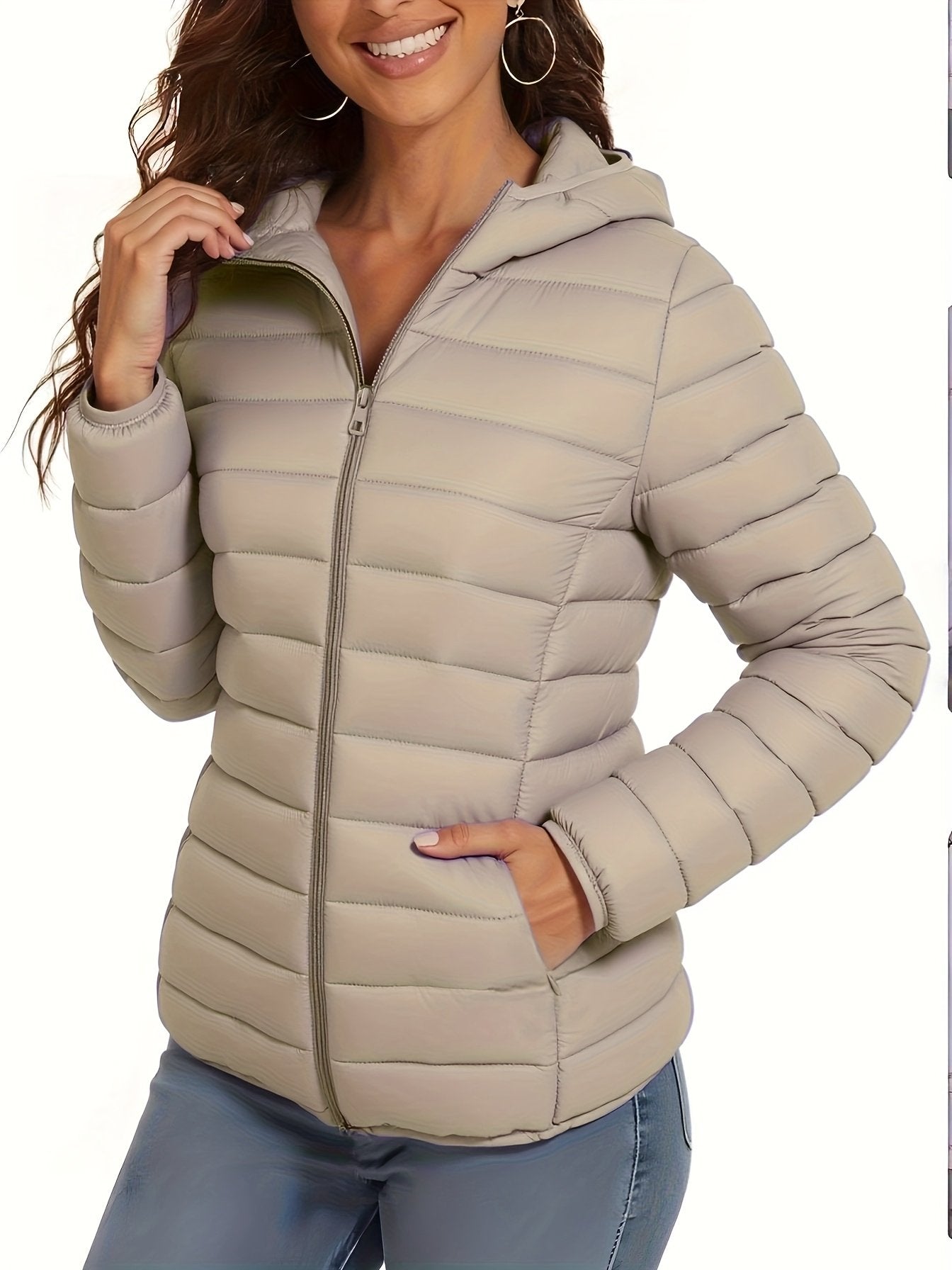 Side view of the loose fit on the women's thin padded coat
