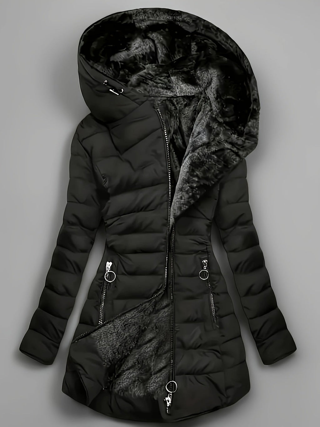 Pocket detail on the women's mid-length padded coat