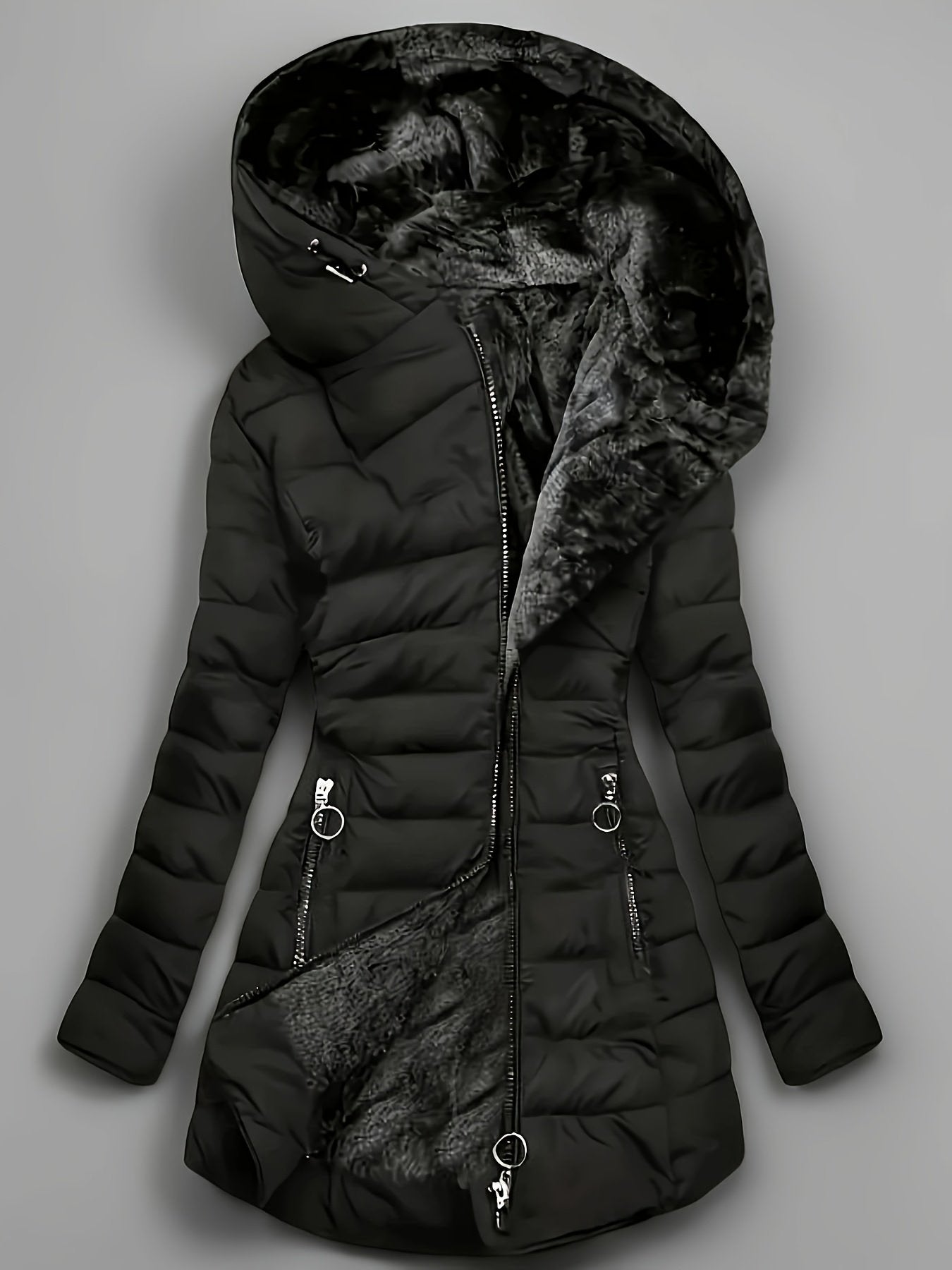 Pocket detail on the women's mid-length padded coat