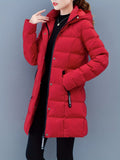Hood and drawcord detail on the women's mid-length puffer coat
