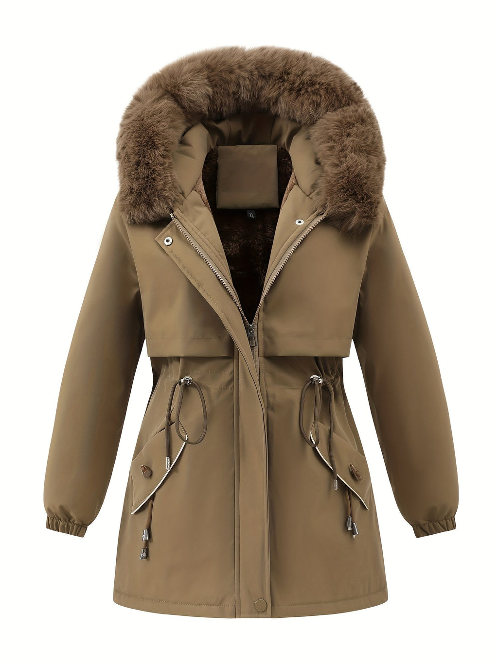 Hood and drawstring detail on the women's mid-length puffer