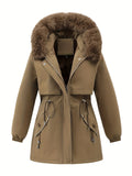 Hood and drawstring detail on the women's mid-length puffer