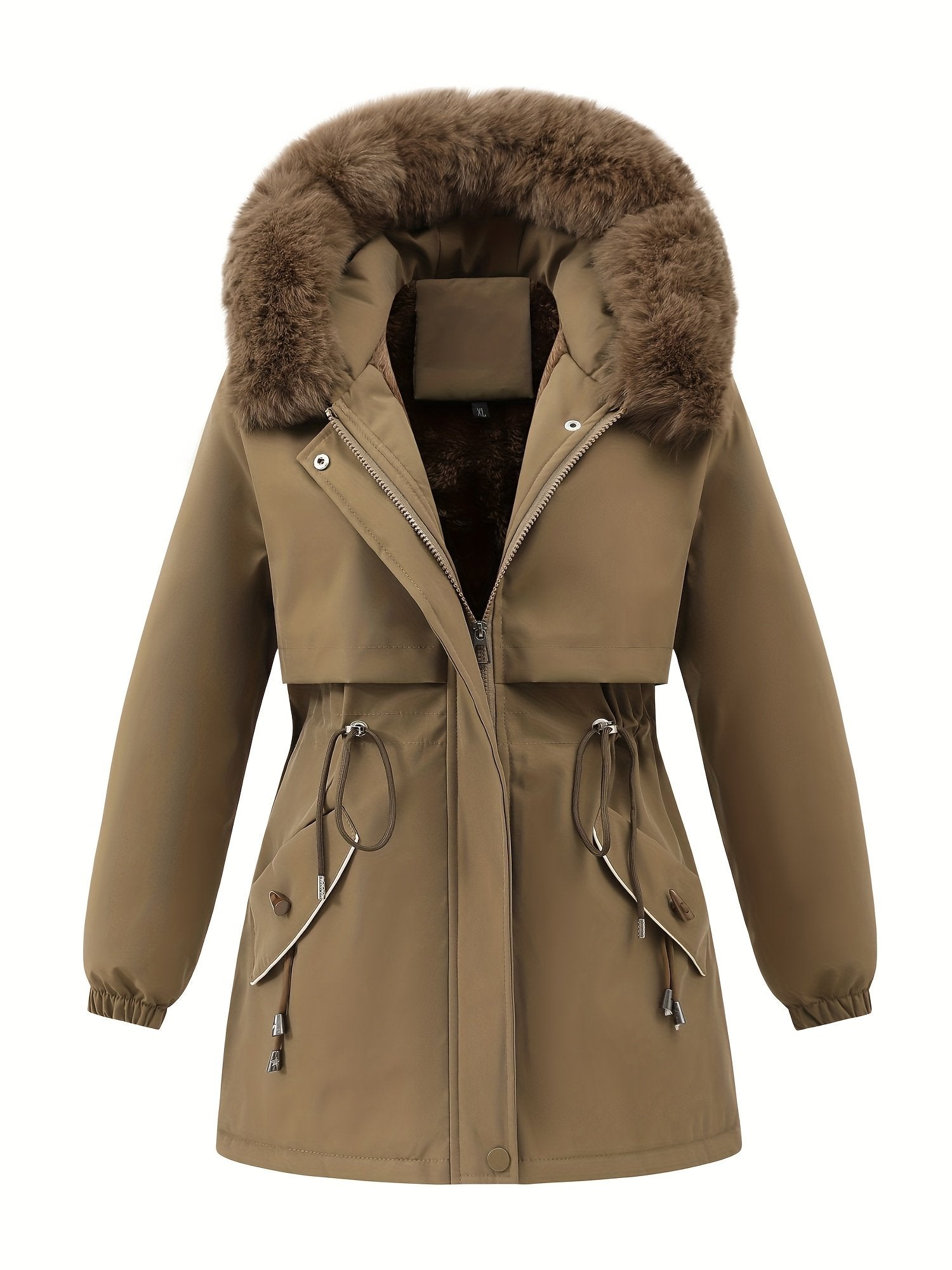 Hood and drawstring detail on the women's mid-length puffer