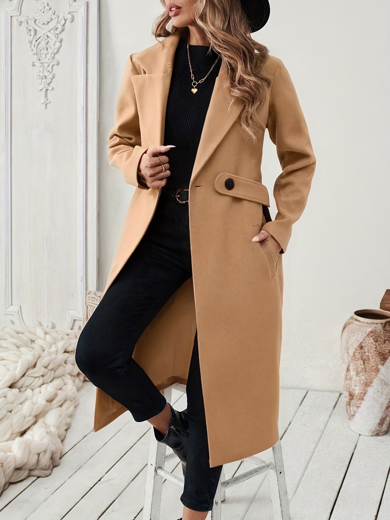 Back view of the women's belted tweed trench coat in ginger