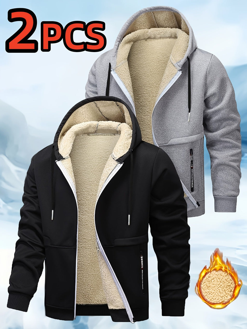 Black and grey men's 2-piece fleece hooded winter jacket set variant