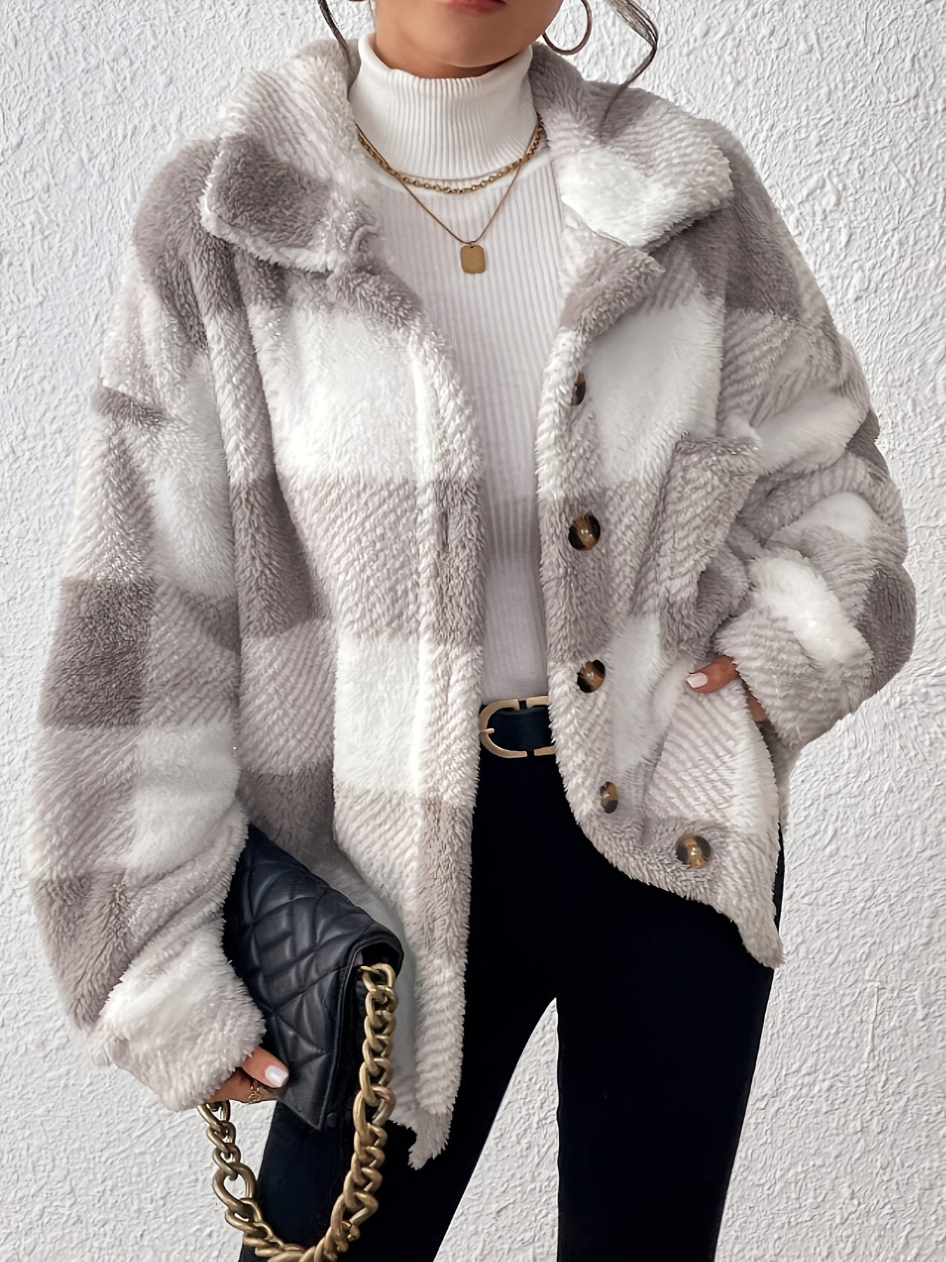 Black and red checked plush jacket for women, winter styling