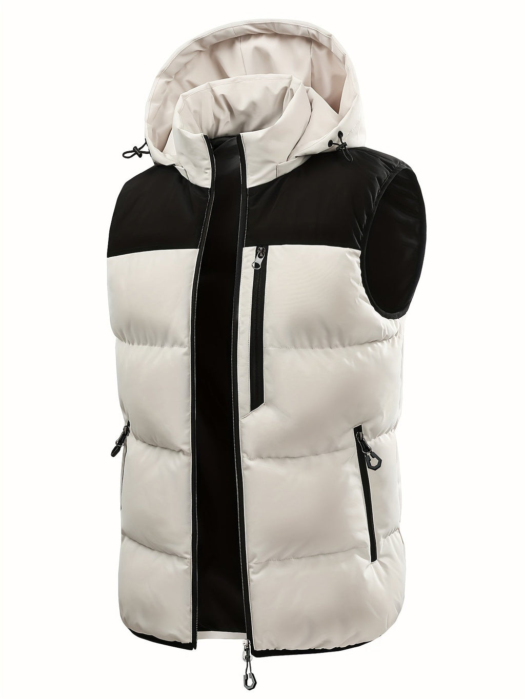 Khaki men's padded hooded vest gilet, contrast colour bodywarmer