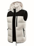 Khaki men's padded hooded vest gilet, contrast colour bodywarmer