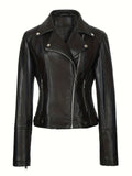 Collar and shoulder detail on the women's PU moto jacket