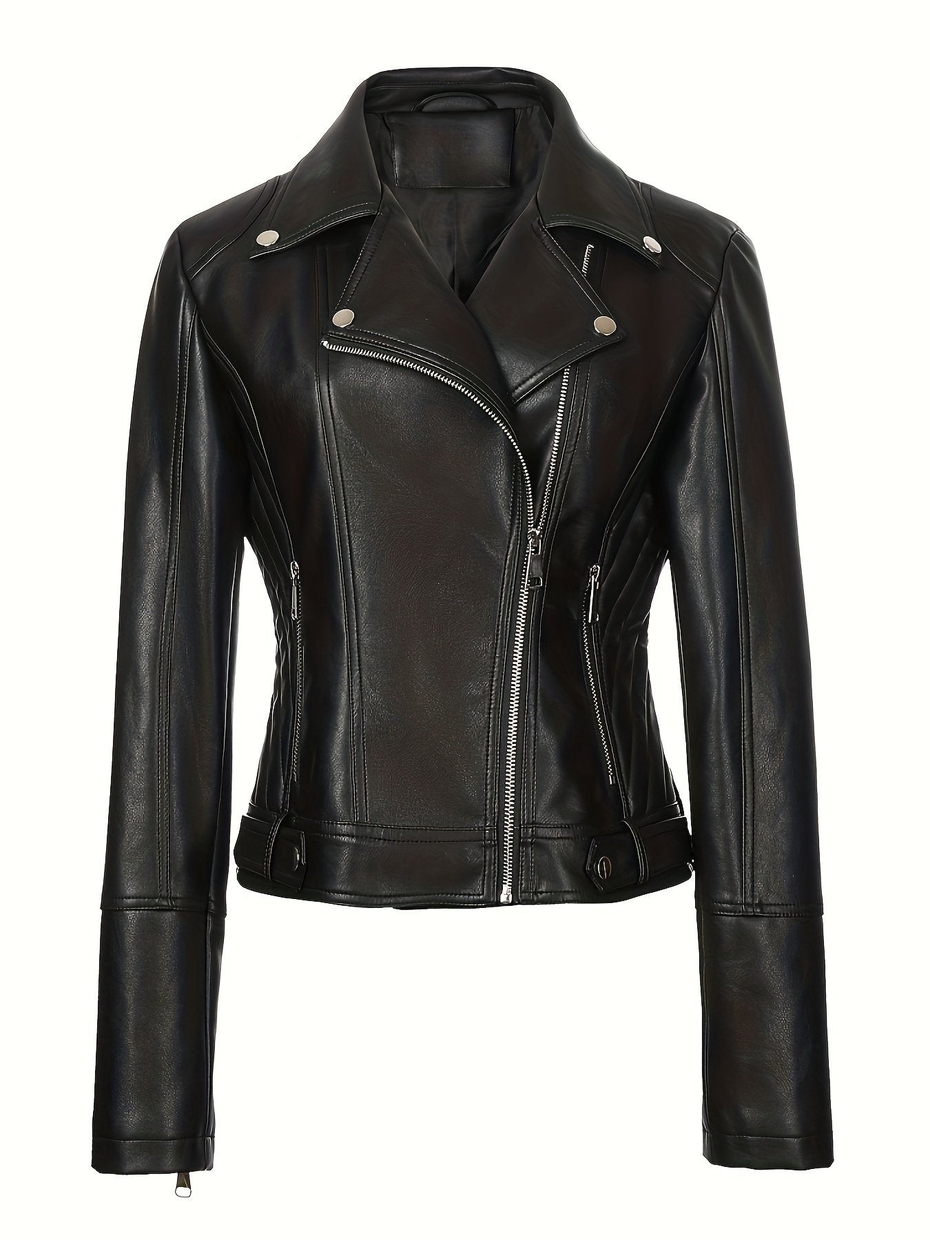 Collar and shoulder detail on the women's PU moto jacket