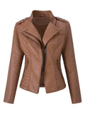 Side view of the women's camel multi-zip jacket