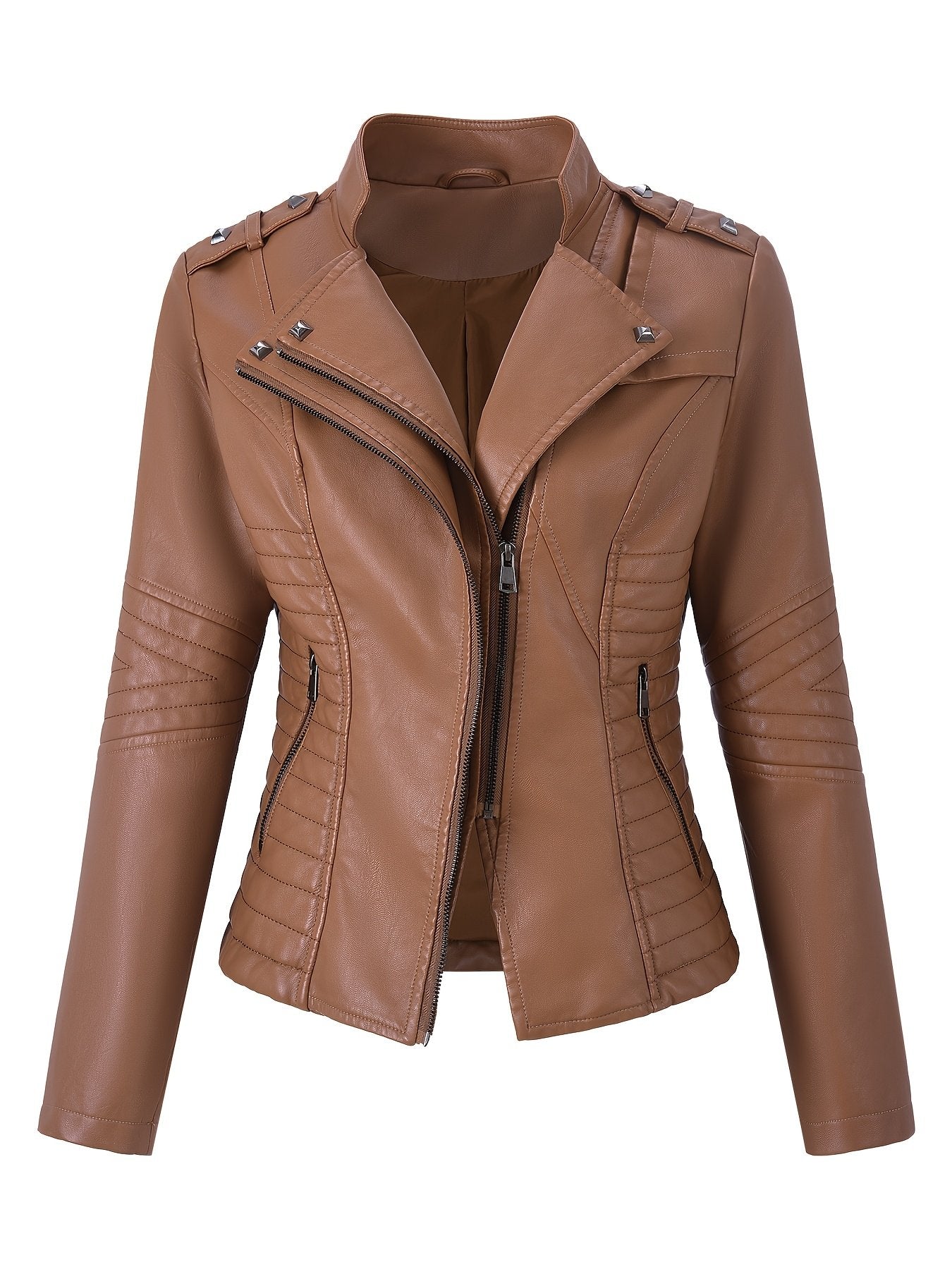 Side view of the women's camel multi-zip jacket