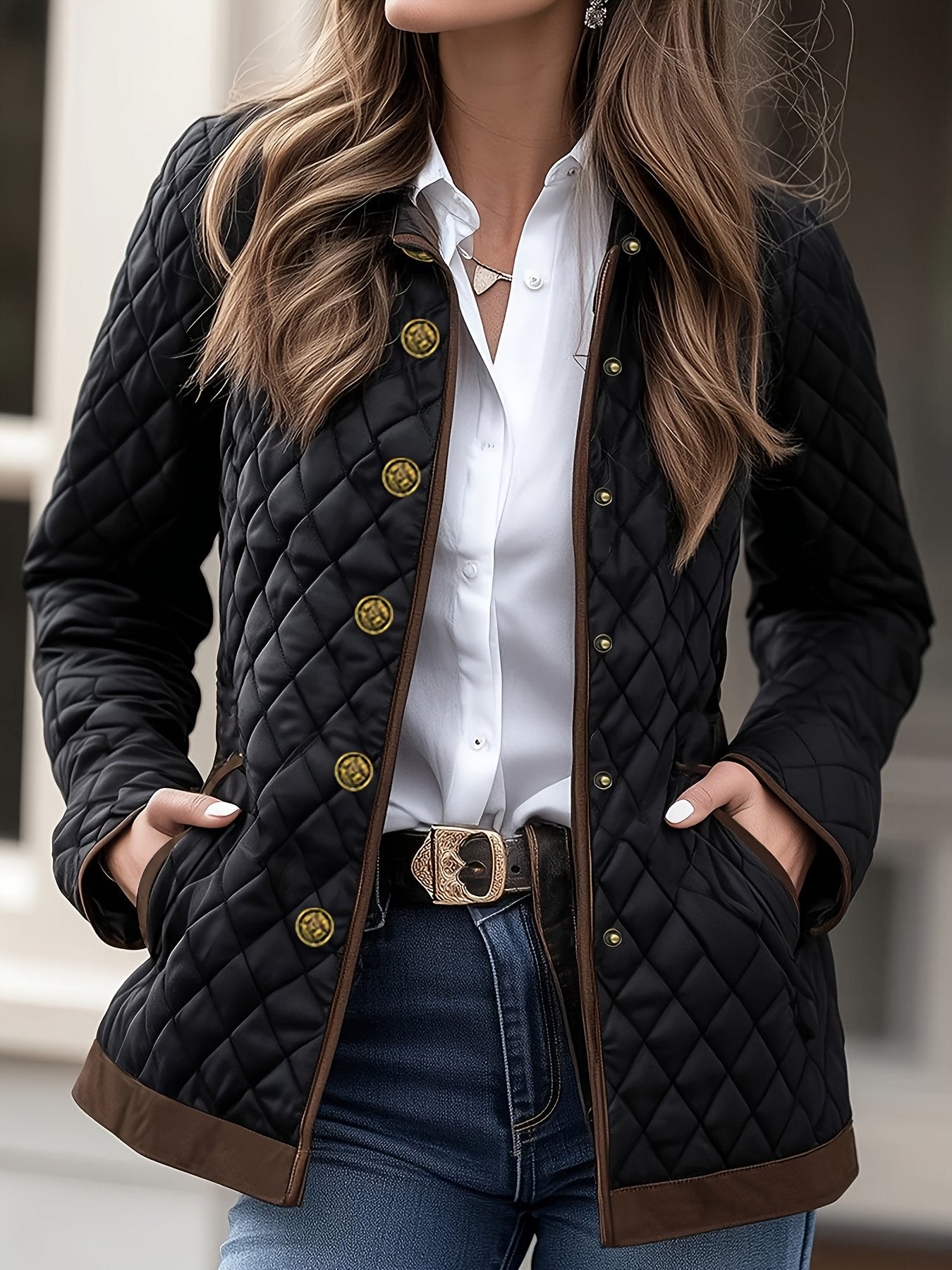 Navy diamond quilted jacket for women with metal buttons