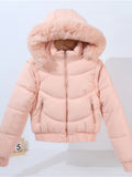 Large collar and hood detail on the women's padded coat