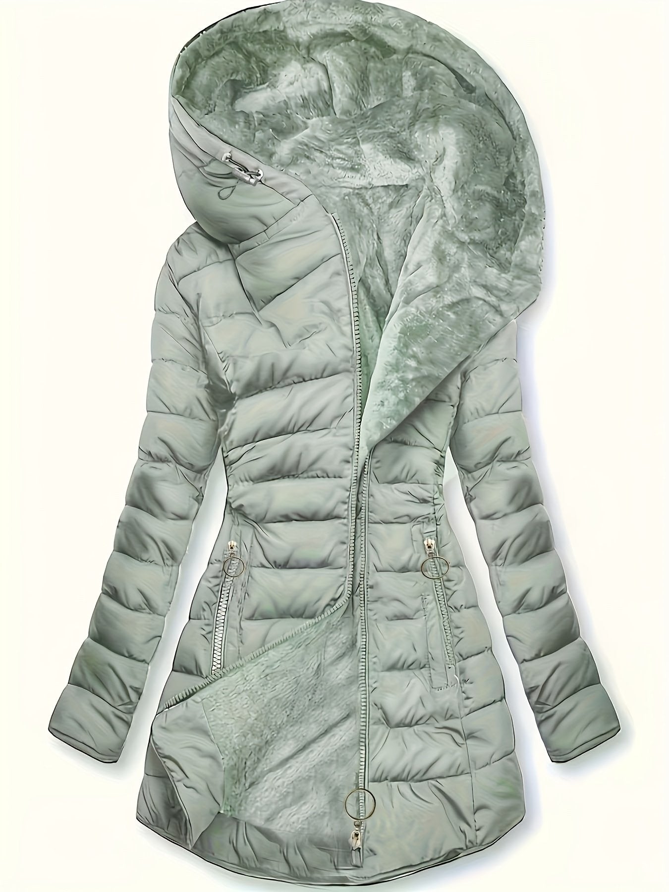 Side view of the women's plush hooded winter coat