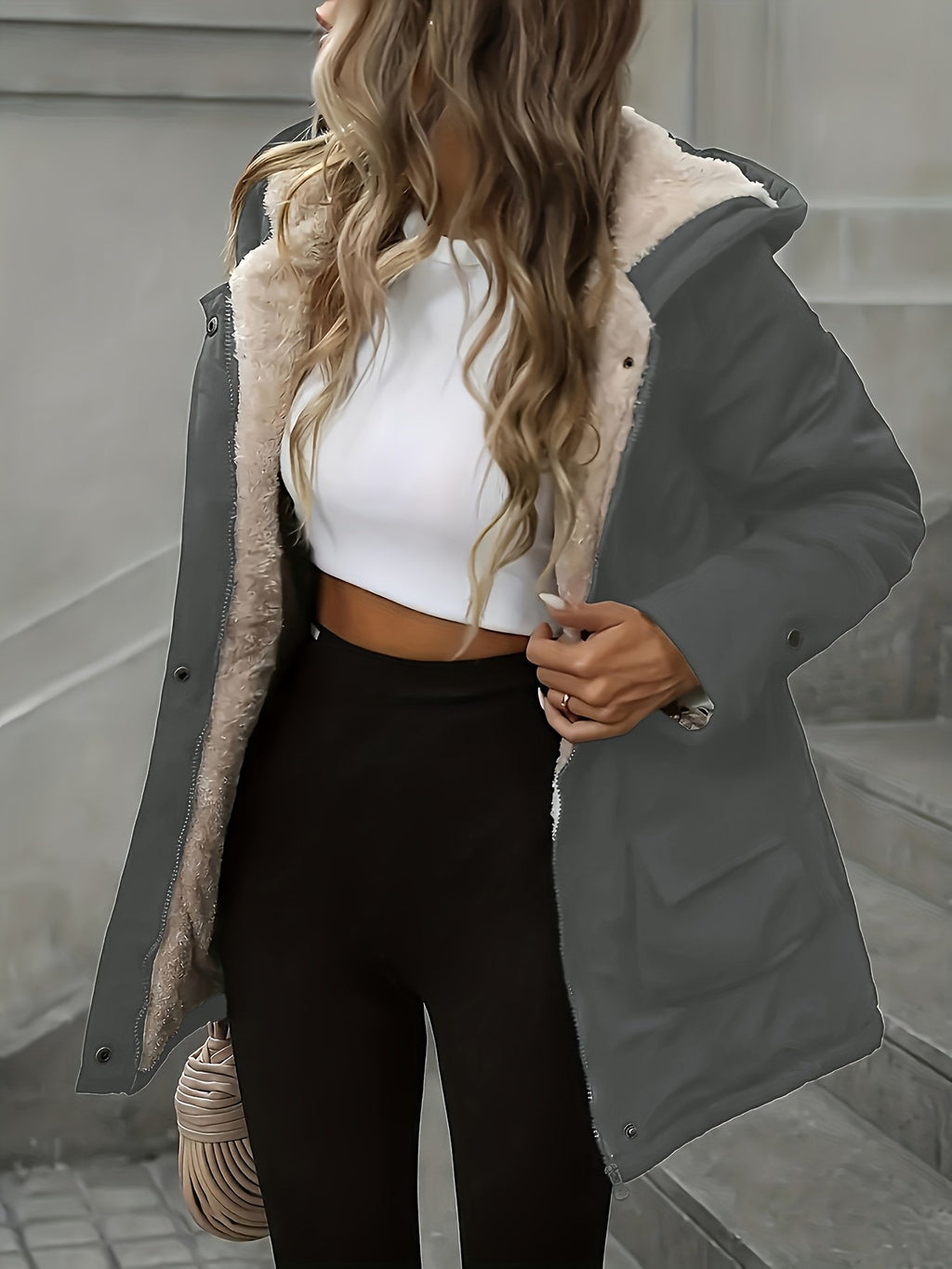 Side view of the women's hooded zip-up windbreaker jacket