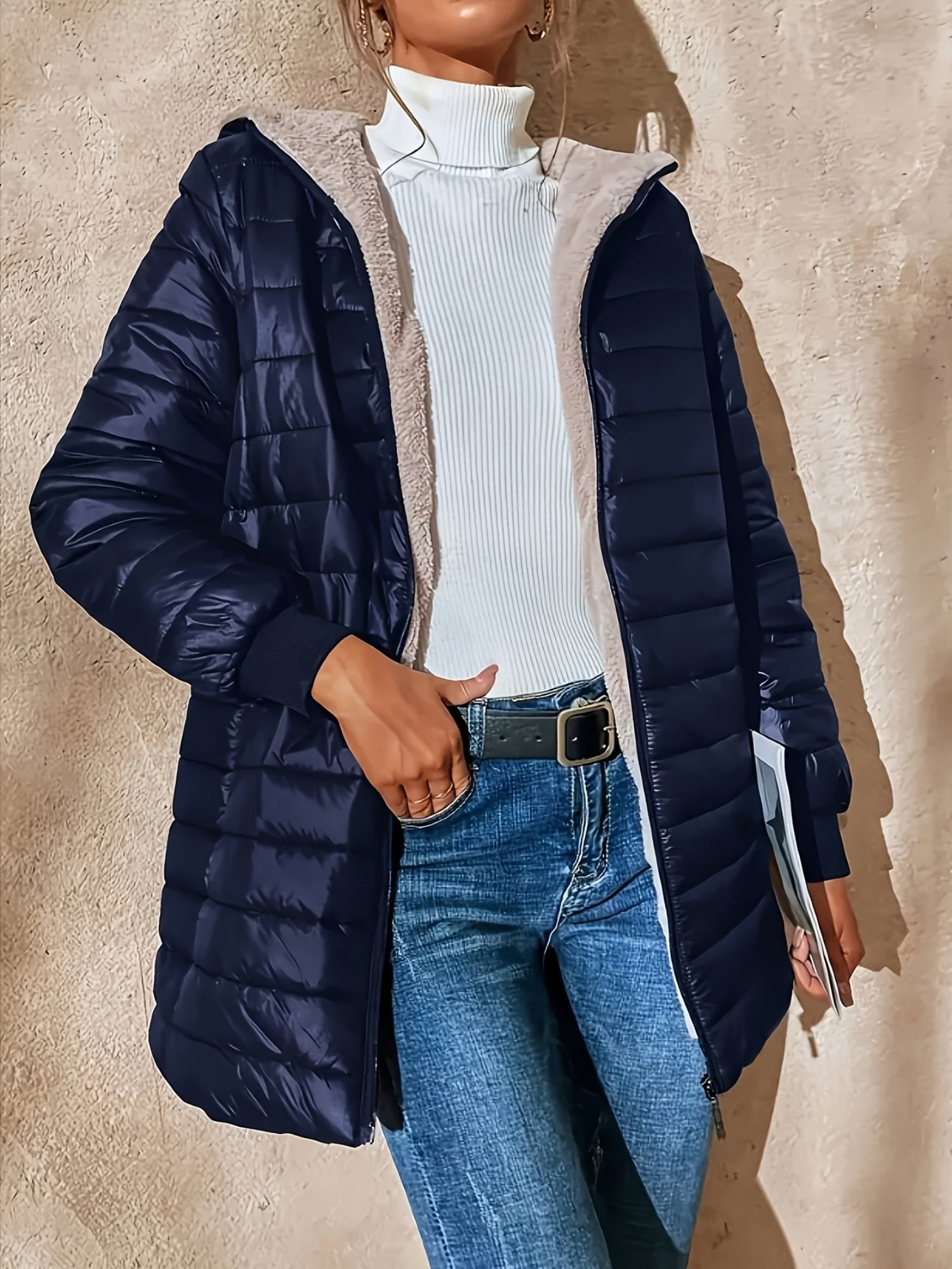 Side view of the slim fit on the women's padded winter coat