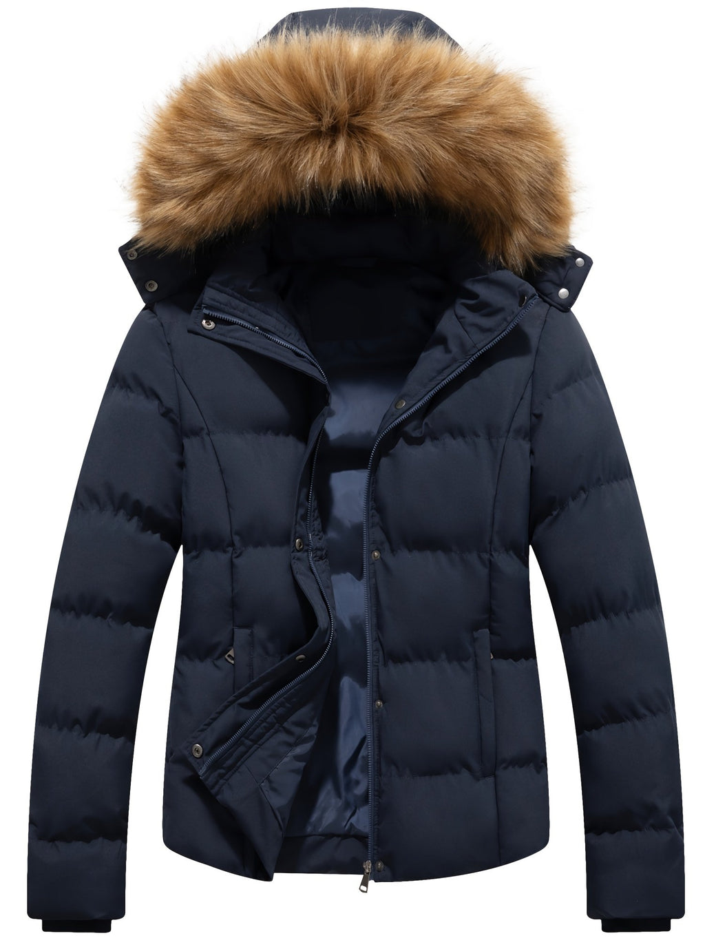 Side view of the women's black quilted winter parka