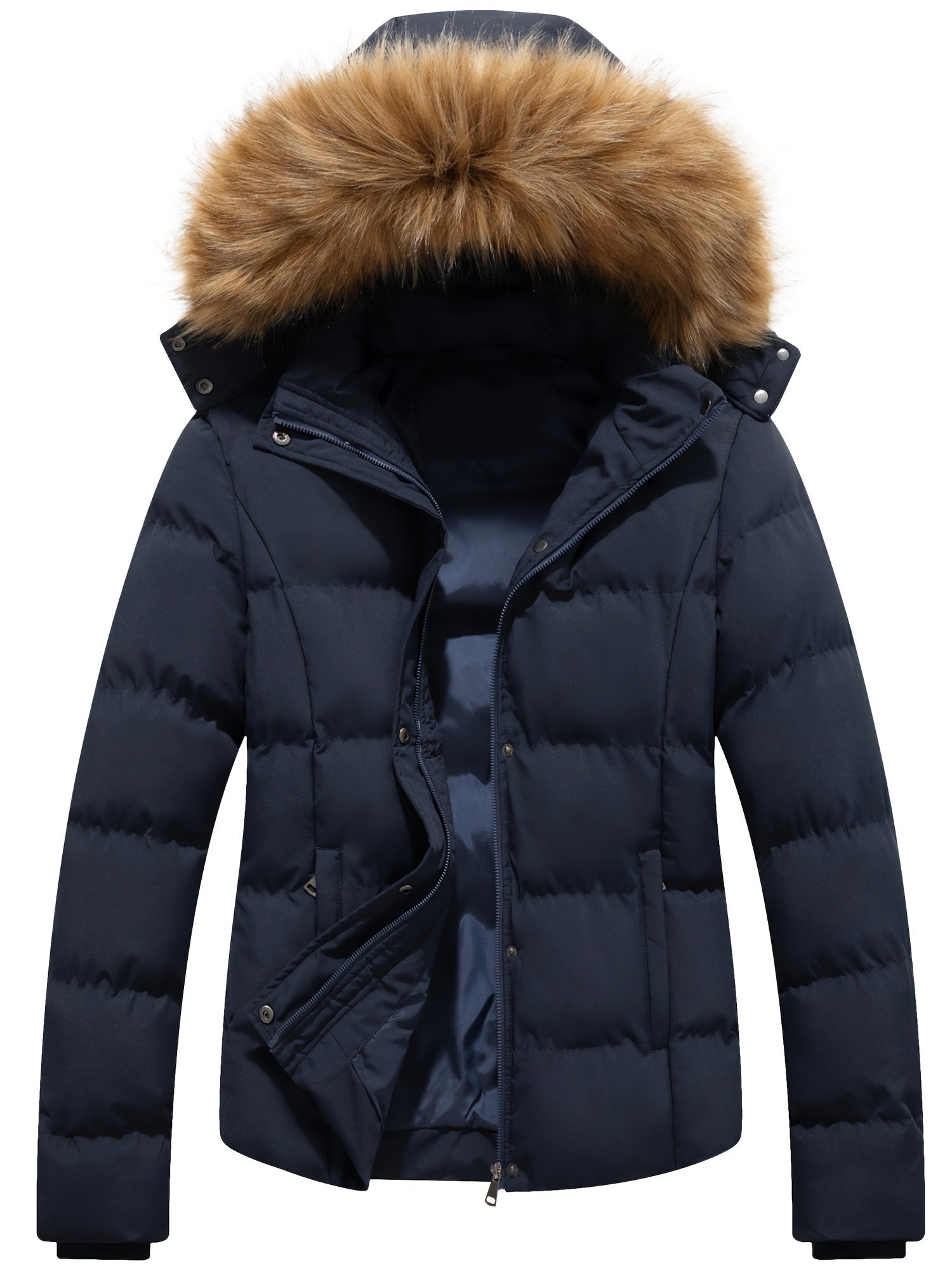 Side view of the women's black quilted winter parka