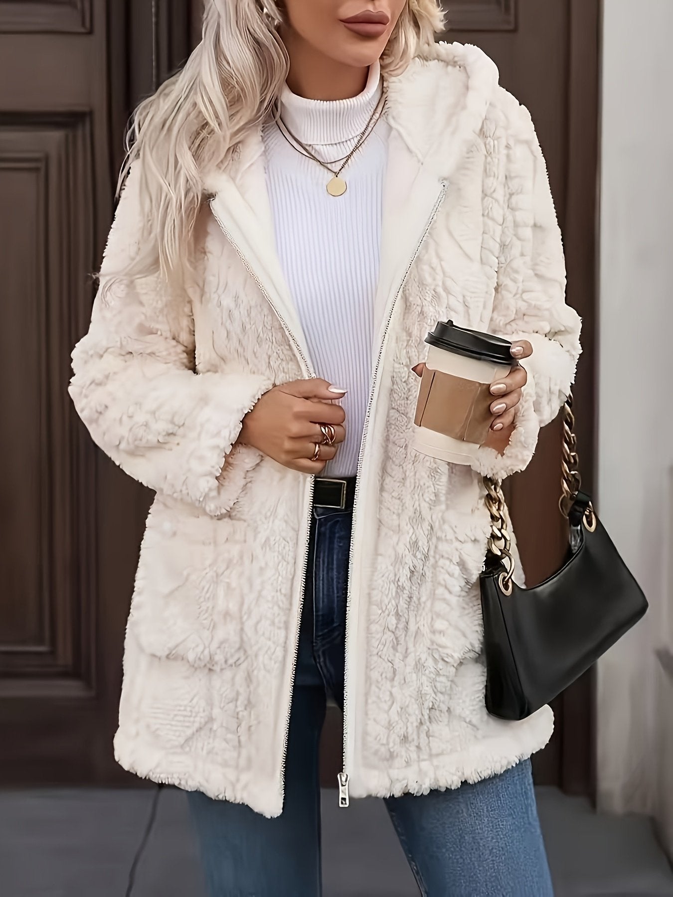 Pocket detail on the women's double-sided plush hooded coat