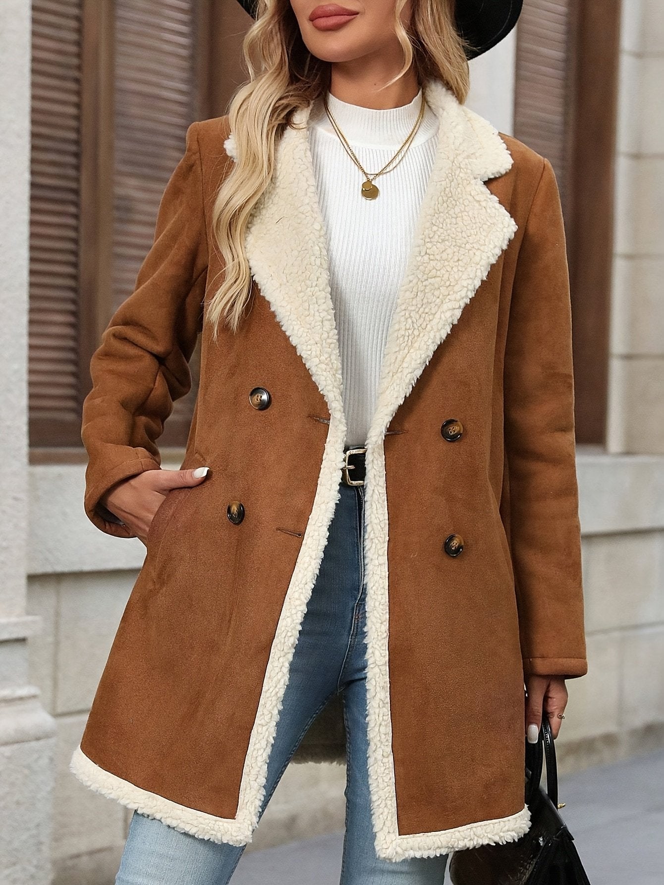 Fit reference for the women's lamb effect long coat in UK sizes 8 to 18