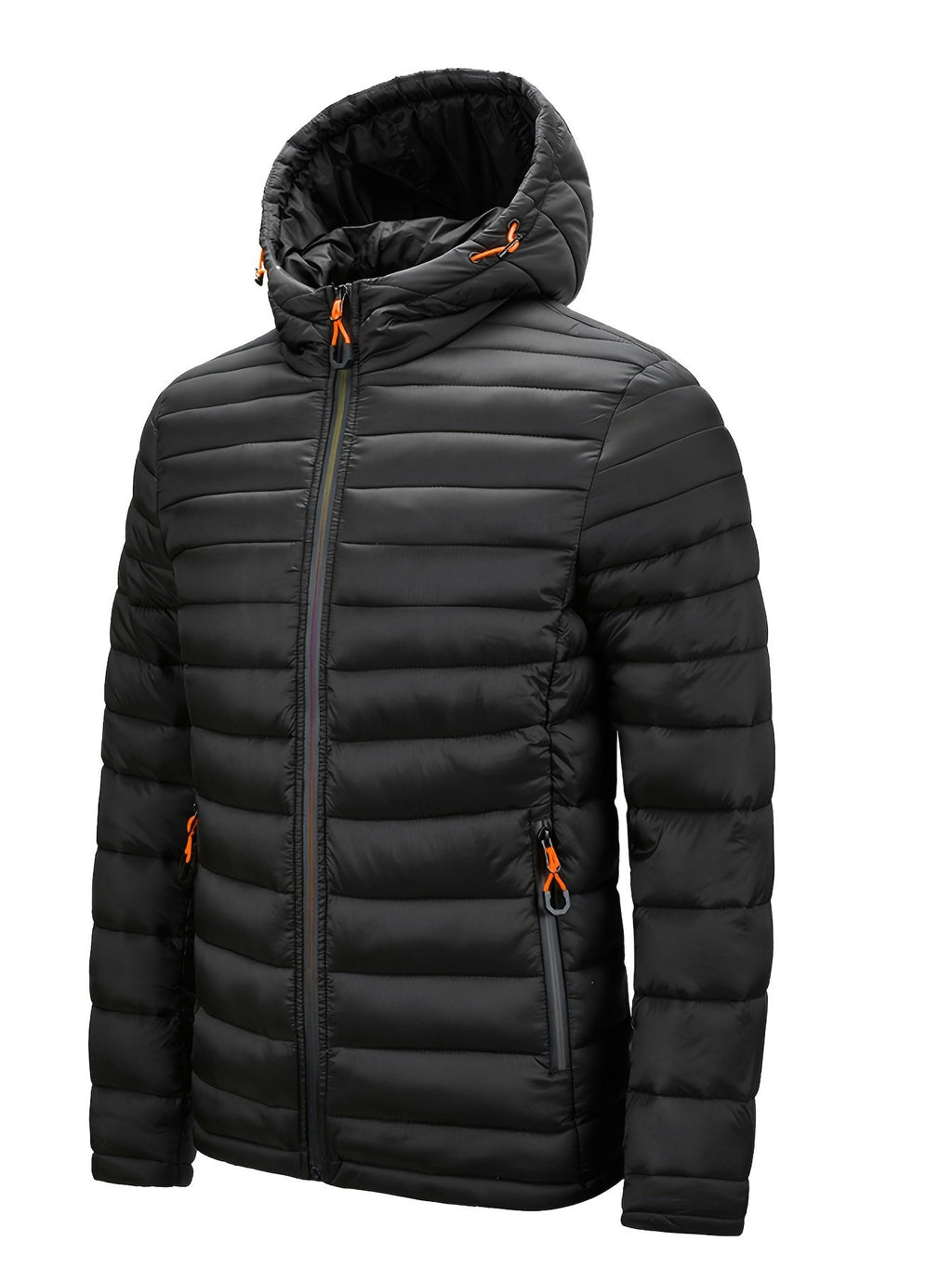 Black men's hooded padded winter coat with full-zip closure