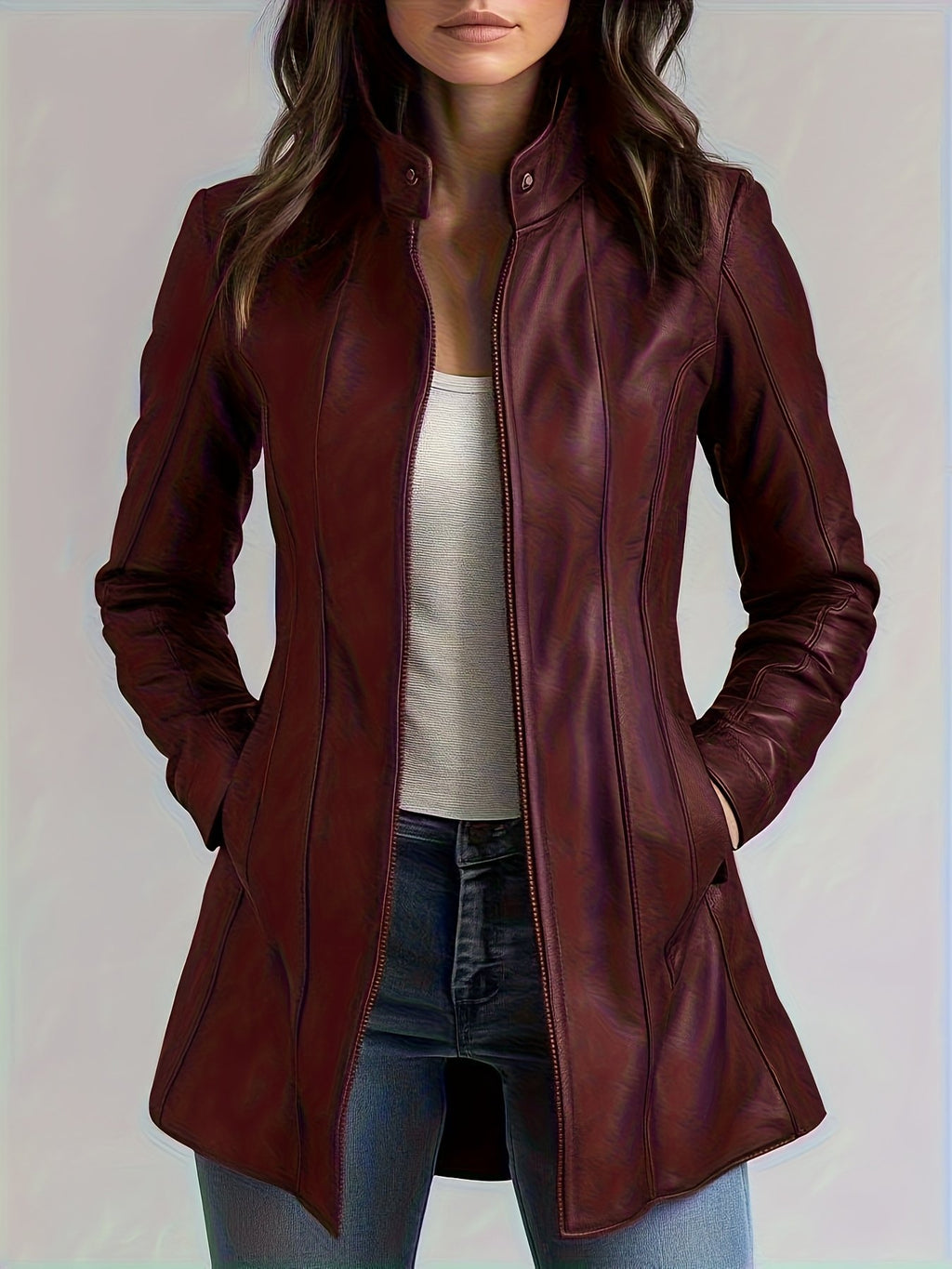 Side view of the slim X-line fit on the women's biker jacket