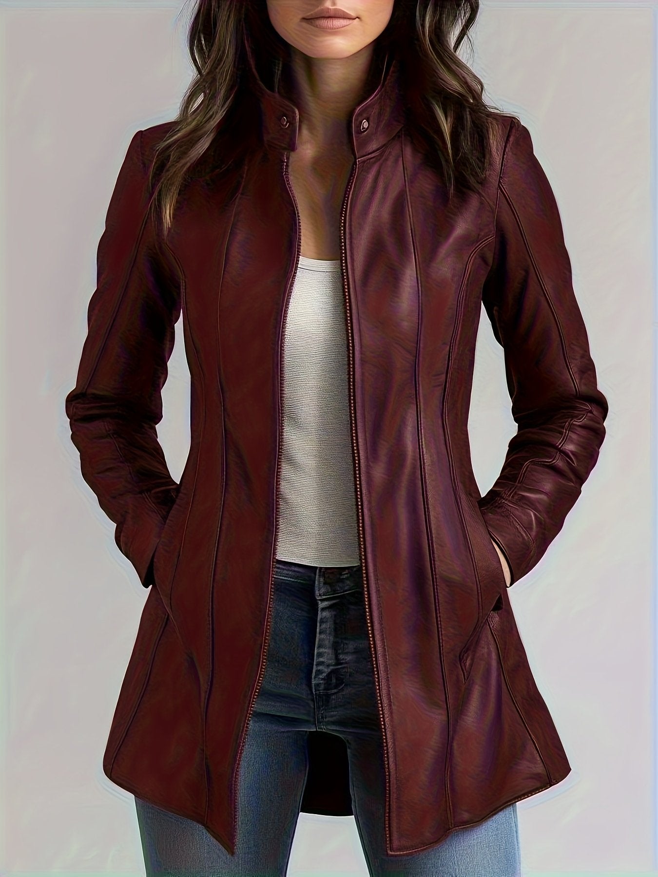 Side view of the slim X-line fit on the women's biker jacket