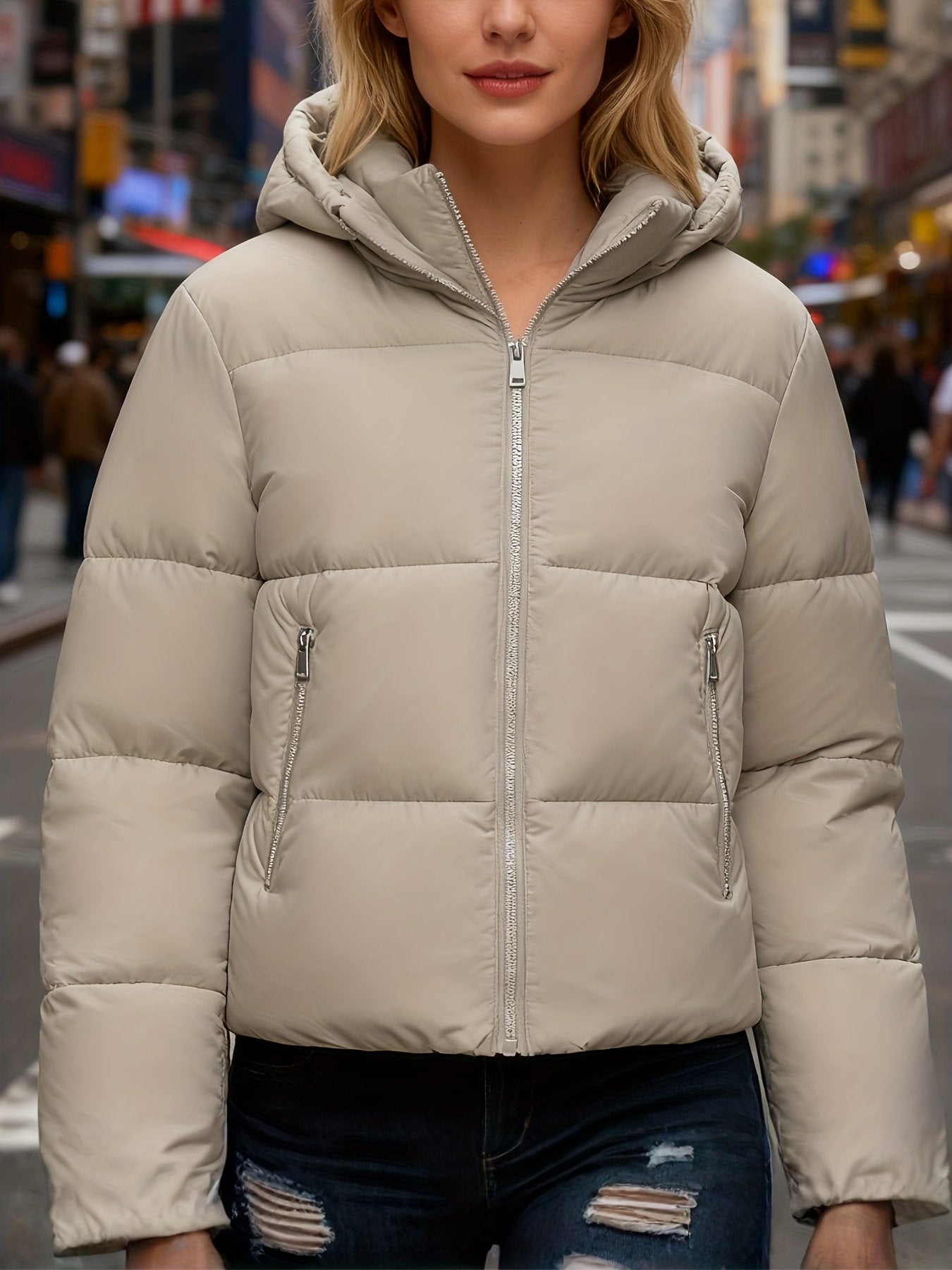 Asymmetric hem detail on the women's fitted puffer jacket