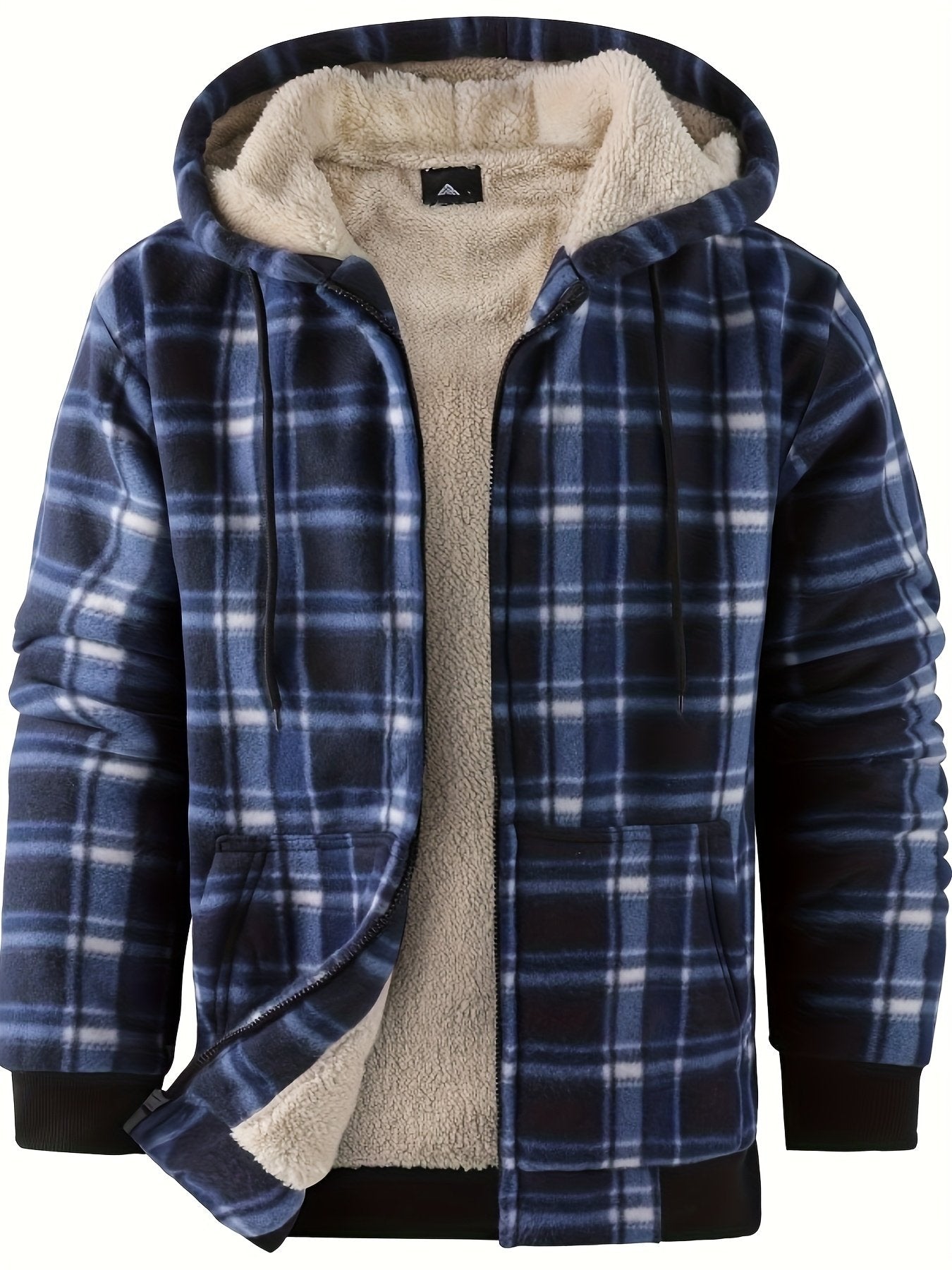Grid 05 check pattern hooded fleece jacket for men, cold weather style