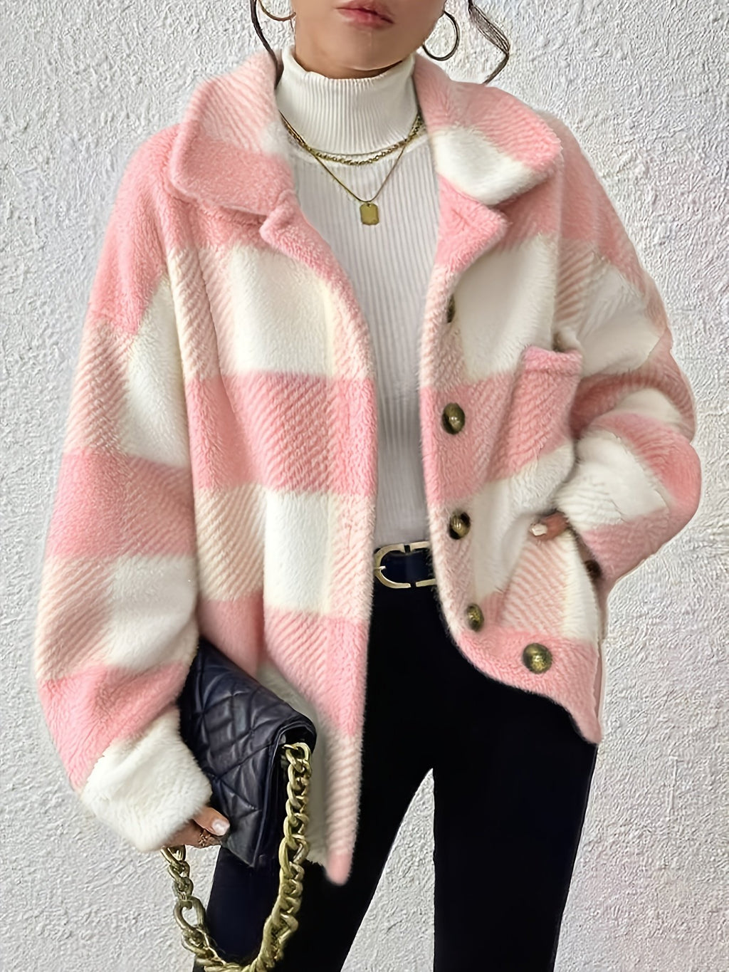 Lapel collar detail on the women's plaid plush jacket