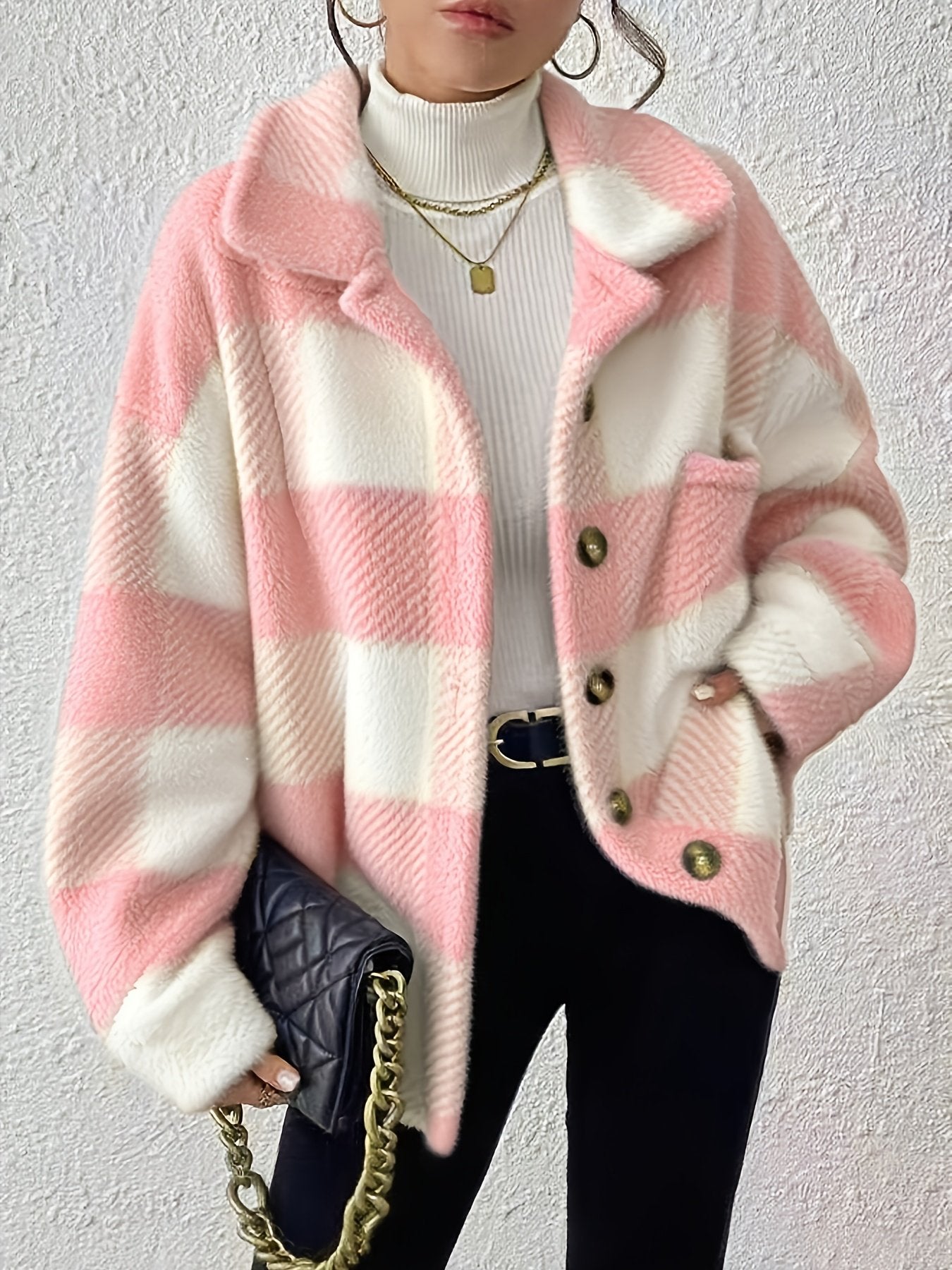 Lapel collar detail on the women's plaid plush jacket