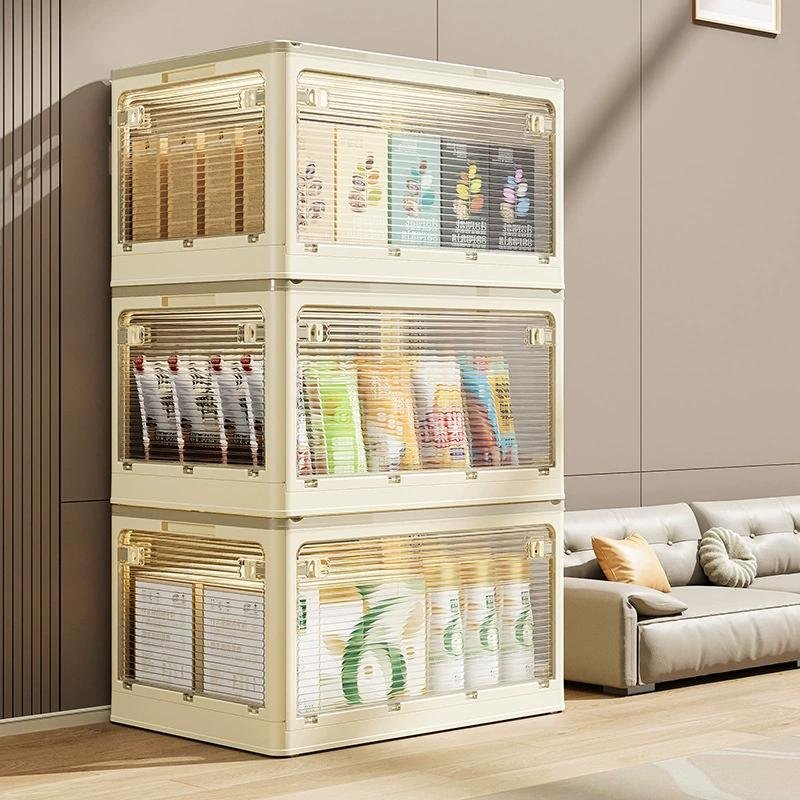 Cream wardrobe storage boxes neatly arranged on shelf at home
